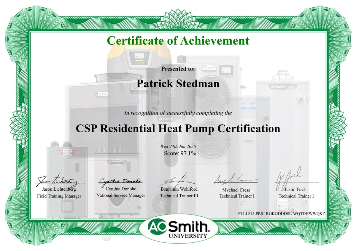 Patrick Stedman - A.O. Smith CSP Residential Heat Pump Certification