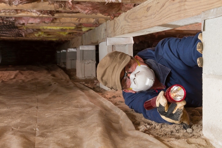 Plumber inspecting crawlspace pipes in Fresno, CA