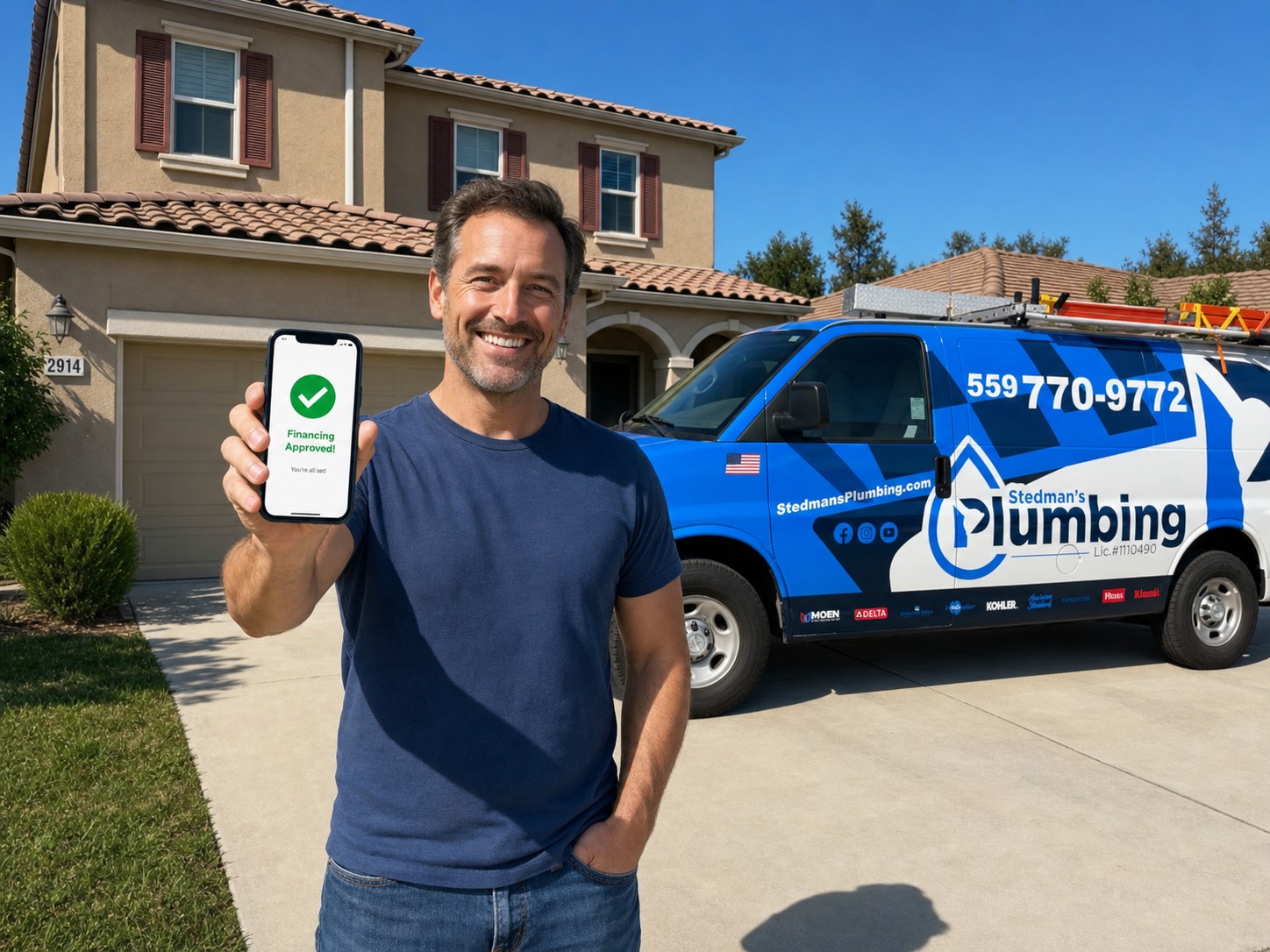 Happy Fresno CA homeowner approved for plumbing financing in front of Stedman's Plumbing service van