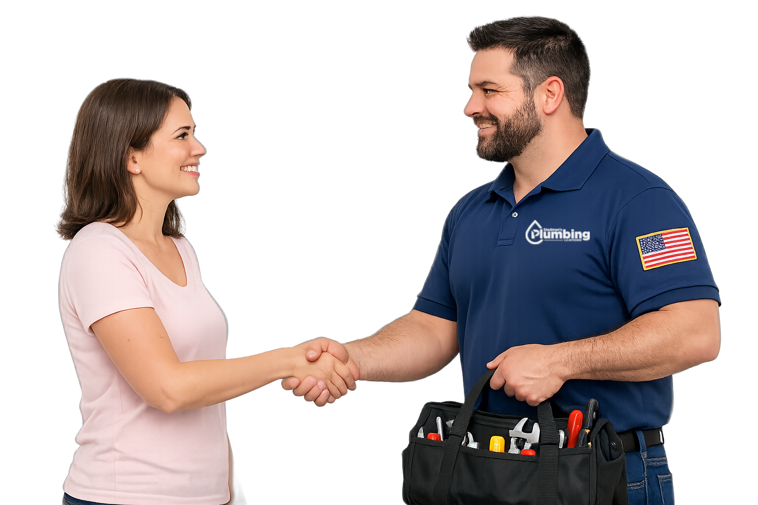 Stedman's Plumbing technician shaking hands with a satisfied customer